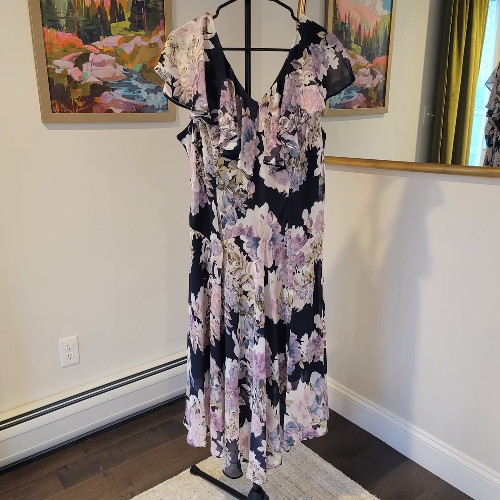 NWT CONNECTED APPAREL Flutter Sleeve Chiffon Midi Dress Black Pink Size 16W - Picture 4 of 9